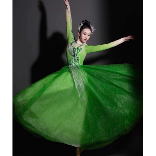 Green Flamenco dance dresses for women girls opening dance big swing skirt for female backup dancers Adult modern ballet stage performance swing skirts